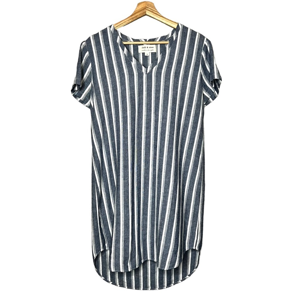Anthropologie Cloth & Stone Linen Vertical Striped V-Neck Mini Beach Dress
